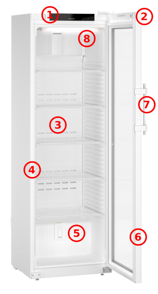 open refrigerator with numbered features